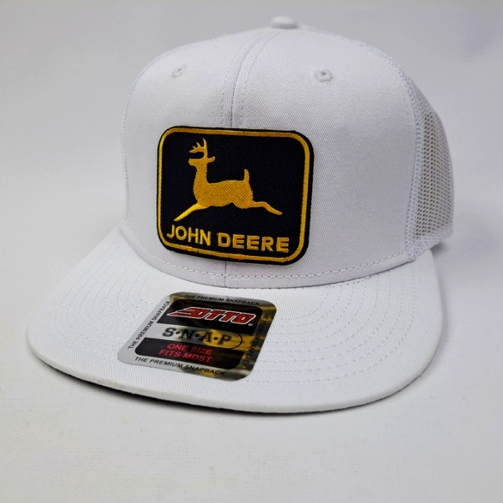 John Deere Embroidered Patch Flat Bill Trucker Mesh Snapback Hat Cap White